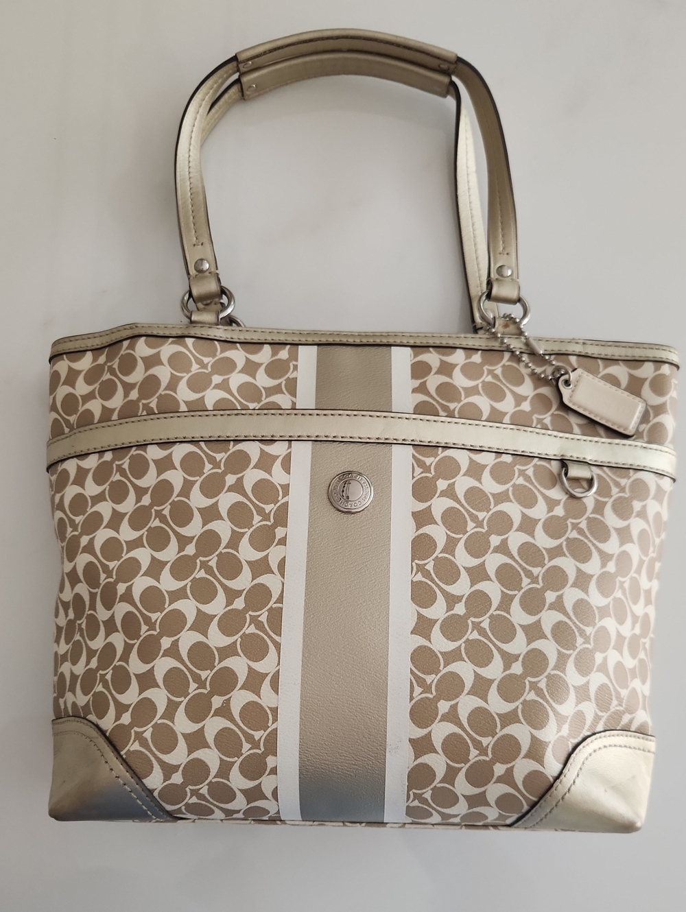 Coach Beige and White Signature Tote with Metallic Accents